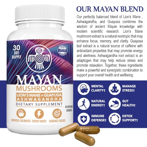 Mayan Mushrooms | Lion's Mane 500mg | Guayusa 500mg | Ashwagandha 500mg |Supplement for Mental Calmness, Focus, Brain & Memory Support. Vegan, Plant-Based, Non-GMO, 90 Count - - Image 3