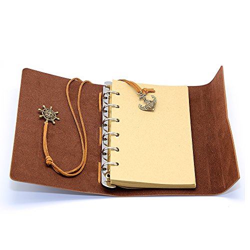 Leather Writing Journal Notebook, EvZ 5 Inches Vintage Nautical Spiral Blank String Diary Notepad Sketchbook Travel to Write in, Unlined Paper, Retro Pendants, Classic Embossed, Dark Blue