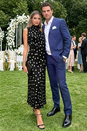 Image of Women's Satin Maxi Dress Summer Formal Wedding Guest Cocktail Dress | Mock Neck Sleeveless,Elegant Silk Midi Long Dress,High Neck,Halter,Aline,Bridesmaid,Bridal Shower Guest,Garden Party,Dinner