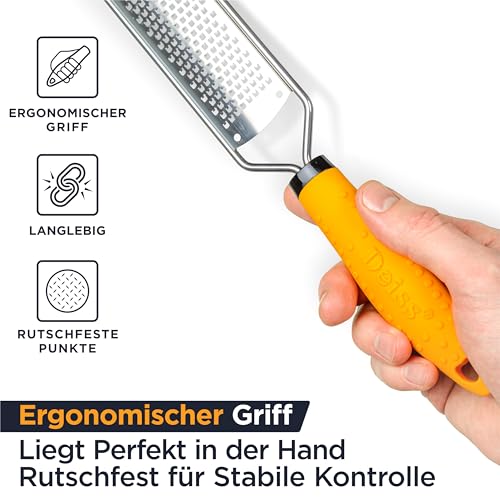 Foto von Deiss PRO Käsereibe - Parmesankäse, Zitrone, Ingwer, Knoblauch, Muskatnuss, Schokolade, Gemüse, Früchte - Rasiermesserscharfe Edelstahlklinge, breit, spülmaschinenfest