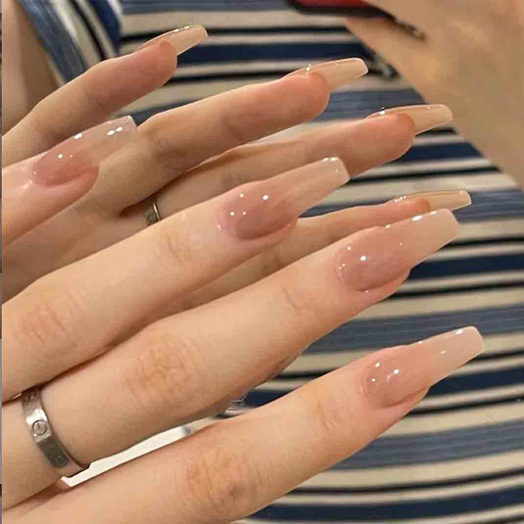 Enppode Coffin Press on Nails Long Fake Nails Nude Nails for Women Full Cover Nails 24 PCs/Set