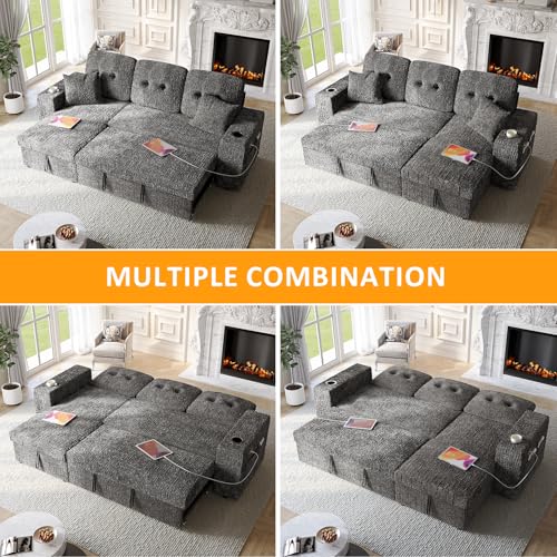 Image of 90 Inch Modular Sectional Sleeper Sofa Bed, 4 in 1 Pull Out Couch Bed with Reclining Backrest | Reversible Storage Chaise | Wide Armrest | Tool Free Assembly, Chenille Fabric, Grey