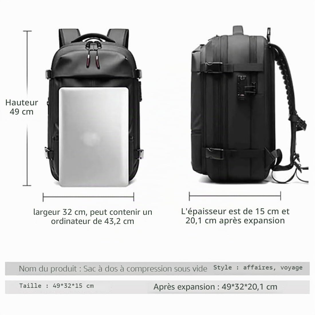 Airbag Sac à dos sous vide, 60 l, pour avion, avec compartiment pour ordinateur portable