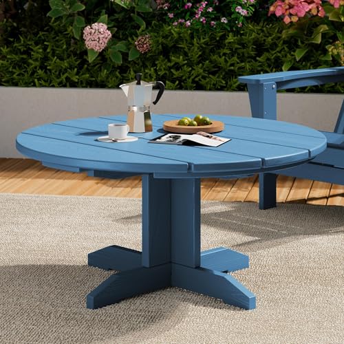 SERWALL 36'' Round Outdoor Coffee Table - HDPE Weatherproof Patio Table for Balcony, Garden, Backyard (Blue)