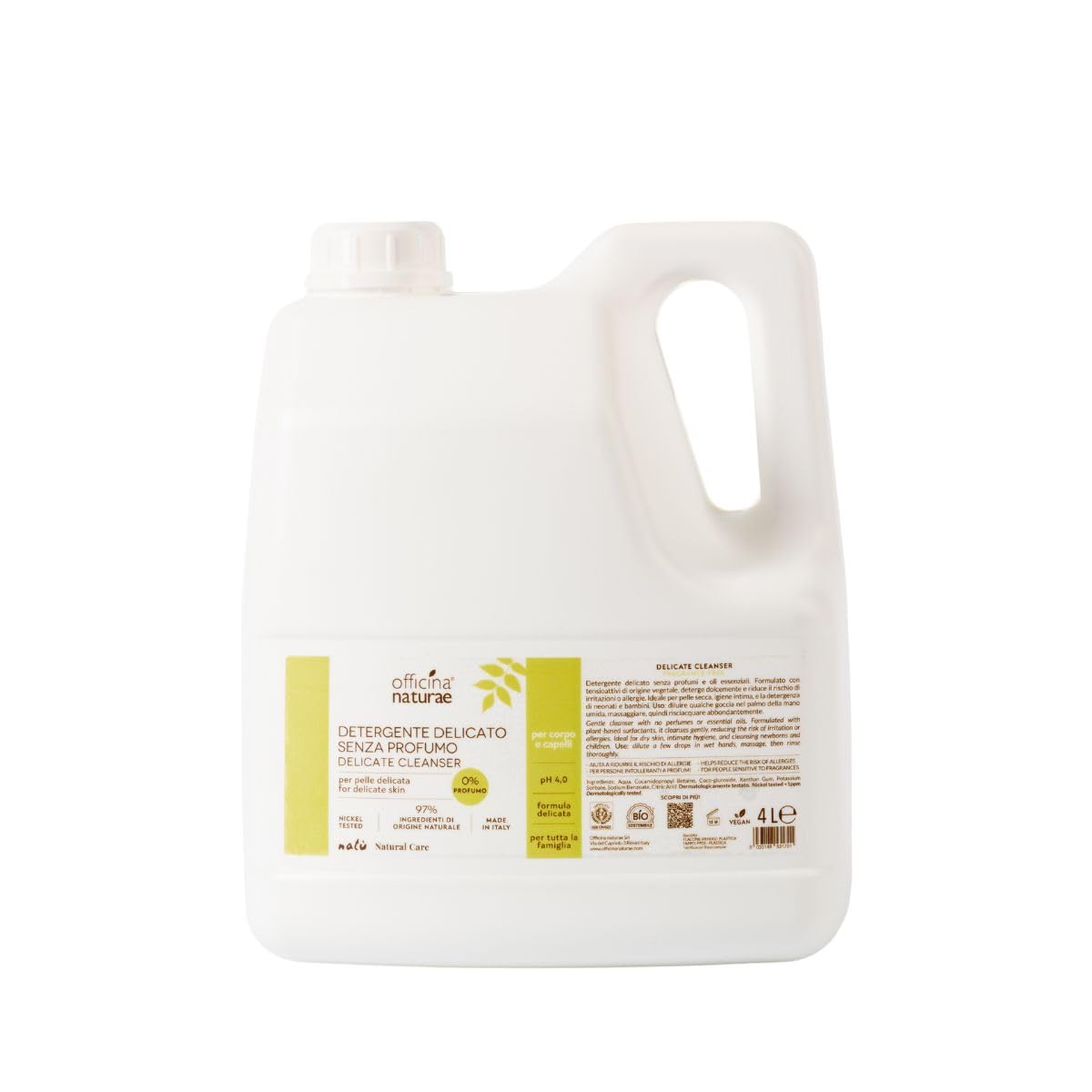 Officina Naturae | Detergente Delicato, Senza Profumo, per Corpo e Capelli, Senza Oli Essenziali, Riduce Rischio di Irritazioni o Allergie, 4l