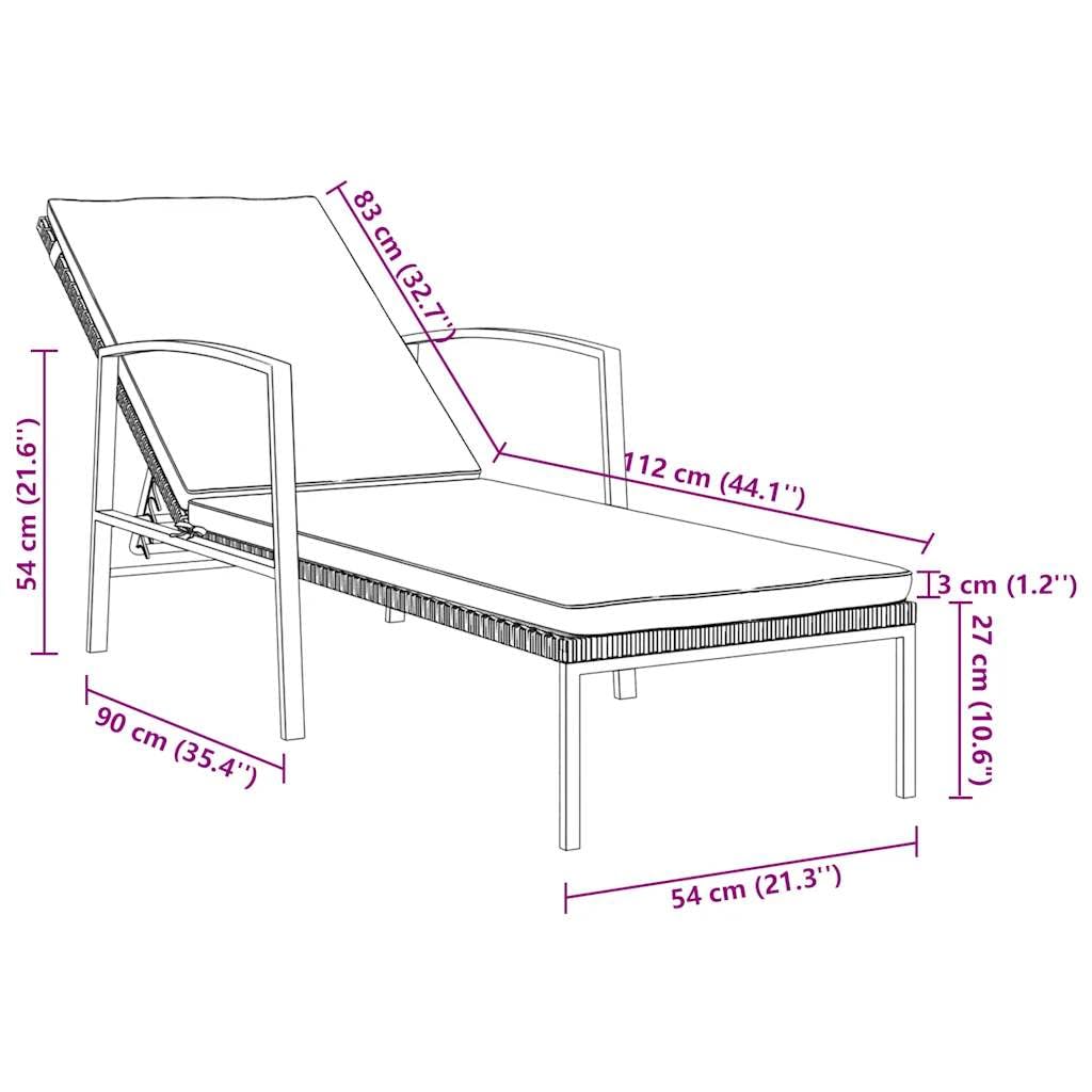 Lettino Prendisole da Giardino con Cuscino Polyrattan Marrone Regolabile Schienale 4 Posizioni Relax Letto Solarium Outdoor con Braccioli Acciaio Resistente per Piscina Balcone 195x60x53-95 cm