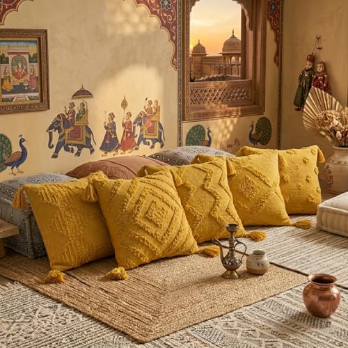 Image of SILK & YANA 16x16 Cotton Cushion Covers Set of 5 | Hand-Tufted Decorative Throw Pillow Covers with Boho, Geometric & Textured Designs | Tassel-Trimmed Covers for Sofa (Mustard Yellow)