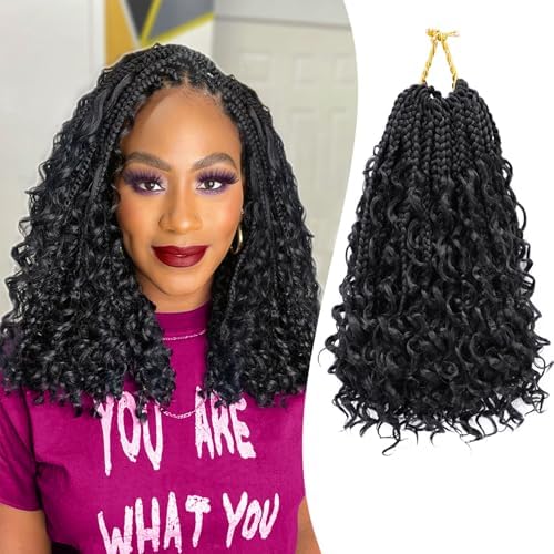 Eerya Goddess Box Braids Crochet Hair 10 Inch 8 Packs Pre-looped Bohemian Crochet Boho Box Braids With Curly Ends Synthetic Hair Extensions 3X Crochet Braids Hair for Women (10 inch, #1B)