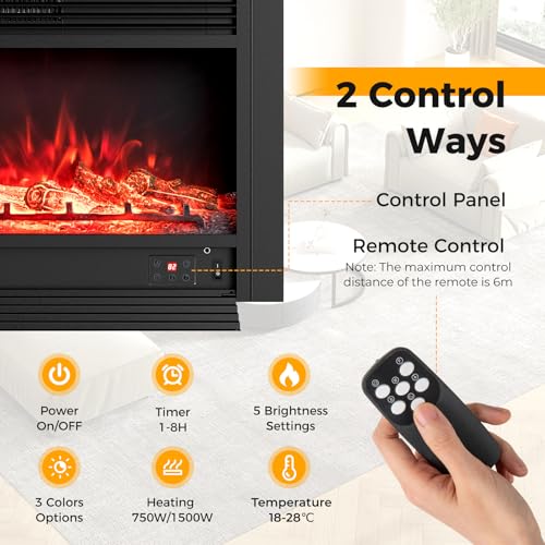 TANGZON Recessed Electric Fireplace, Wall Mounted Freestanding Fire Heater with Flame Colors, Brightness, Remote Control & Thermostat - Image 7