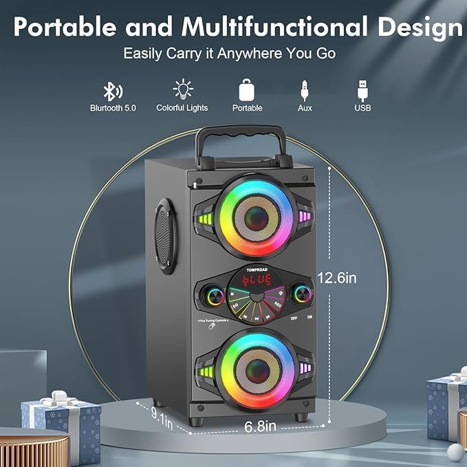 TOMPROAD Altoparlanti Bluetooth portatili 60W Grande e potente altoparlante stereo wireless ad alto volume Boombox Home Party con subwoofer, radio FM, luci colorate LED