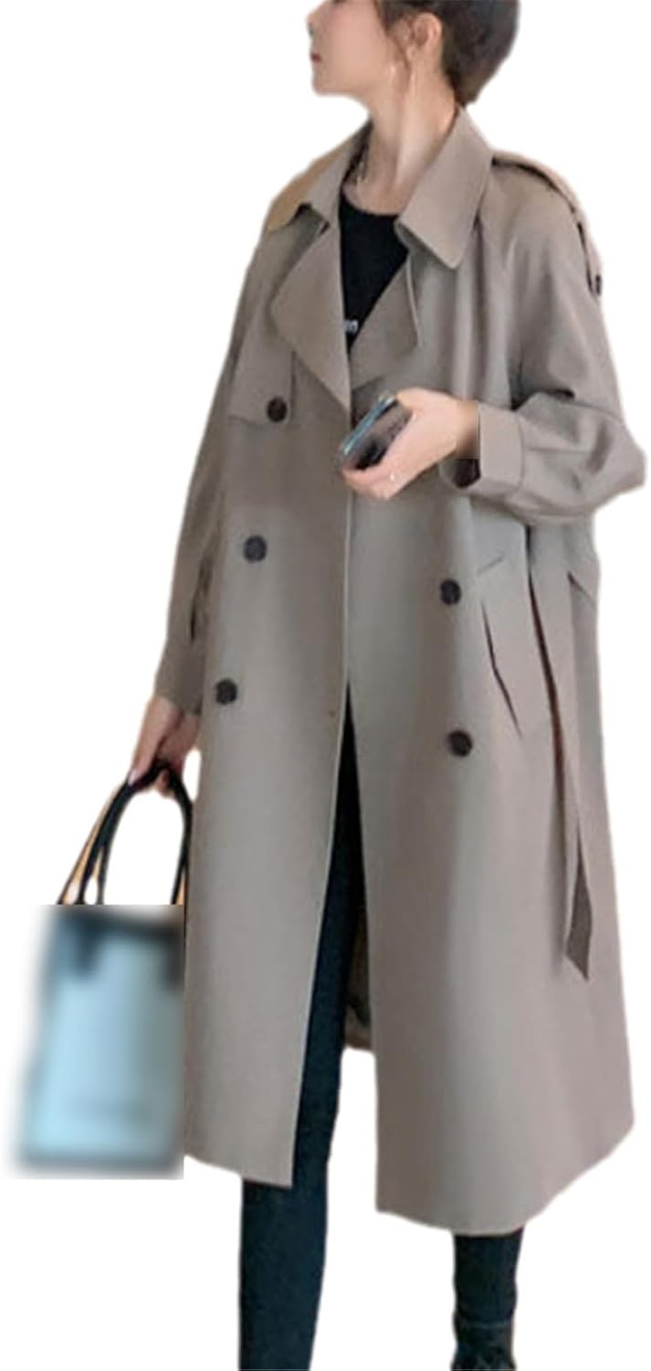 Autumn Winter Womens Solid Color Lapels Double Row Buttons Long Windbreaker Work Jacket Trench Coat For Women Overcoat