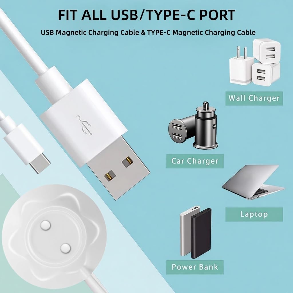 2Pack 12mm Rose Charger Magnetic Replacement Charger Cable with 2 Dots(12MM), 2.65ft(80cm) USB-A & USB-C Charging Port Set to Magnetic Cord for Rose Toys Only