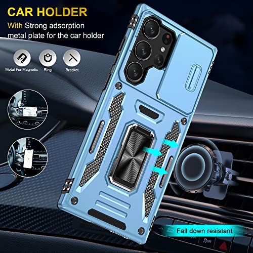 Image of Slide Camera Cover with Ring Holder Mobile Phone Case Cover for Samsung Galaxy S23 Ultra (Blue)