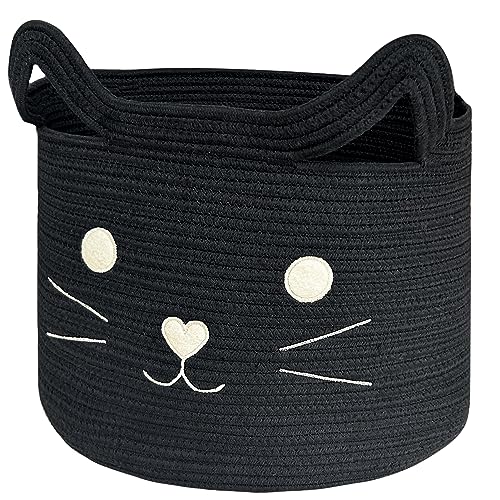 Image of VK VK·LIVING Large Cat Toy Basket with Handles 15" Lx14 H Cotton Rope Toy Box with Black Cat Design, Gift Basket for Laundry, Baby, Towels, Blankets, Woven Cotton Rope Animal Storage Organizer