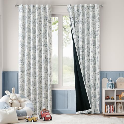 Image of jinchan 95% Blackout Nursery Curtains 84 Inches Long, Bunny Woodland Toile Curtains Blue on Beige Animal Printed Drapes for Bedroom Rod Pocket Thermal Insulated Farmhouse Window Treatment 2 Panels