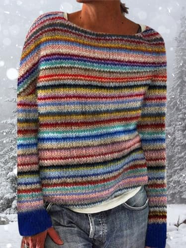 Women's Fair Isle Knitted Sweater Vintage Long Sleeve Boat Neck Retro Lightweight Pullover Top for Fall Winter4