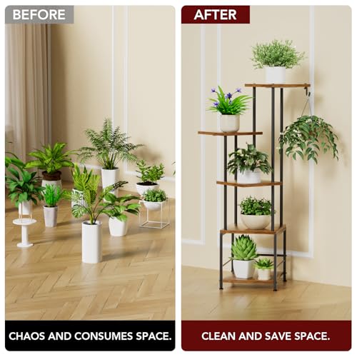 Image of Homsorout Plant Stand Indoor with Grow Light - 5-Tier Metal Plant Shelf with Hanging Basket Hook, Corner Tall Flower Holder for Multiple Plants, Living Room Balcony Garden Patio, Rustic Brown