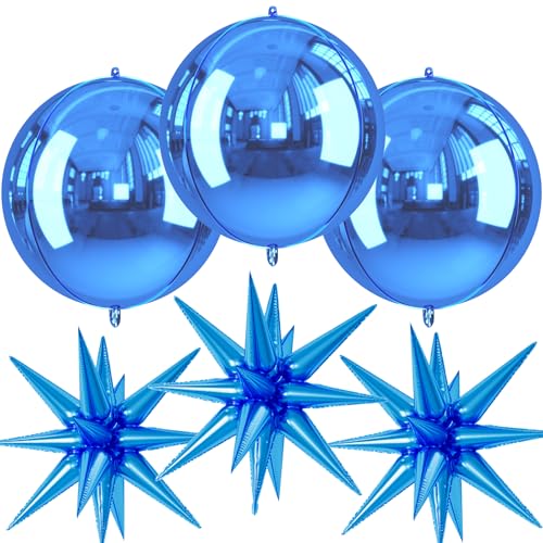 Image of 6pcs 22 inch Blue Star Balloons and Blue 4D Large Foil Balloons, Foil Star Spike Balloon 4D Ball Balloon For Graduation Birthday Baby Shower Party Wedding Anniversary Father's Day Bridal Shower Decor