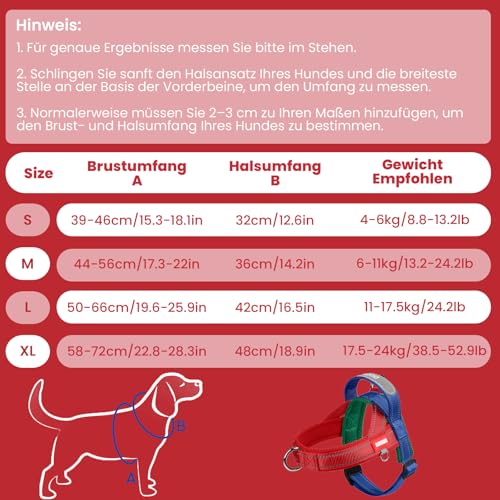 LiebeDD Hundegeschirr mit Leine für Mittelgroße Kleine Hunde Welpen, Bunt Farbblock Geschirr, Mesh Gepolstert Brustgeschirr Hund mit Griff und Brustring, Reflektierend & Leicht, RotBlau, S