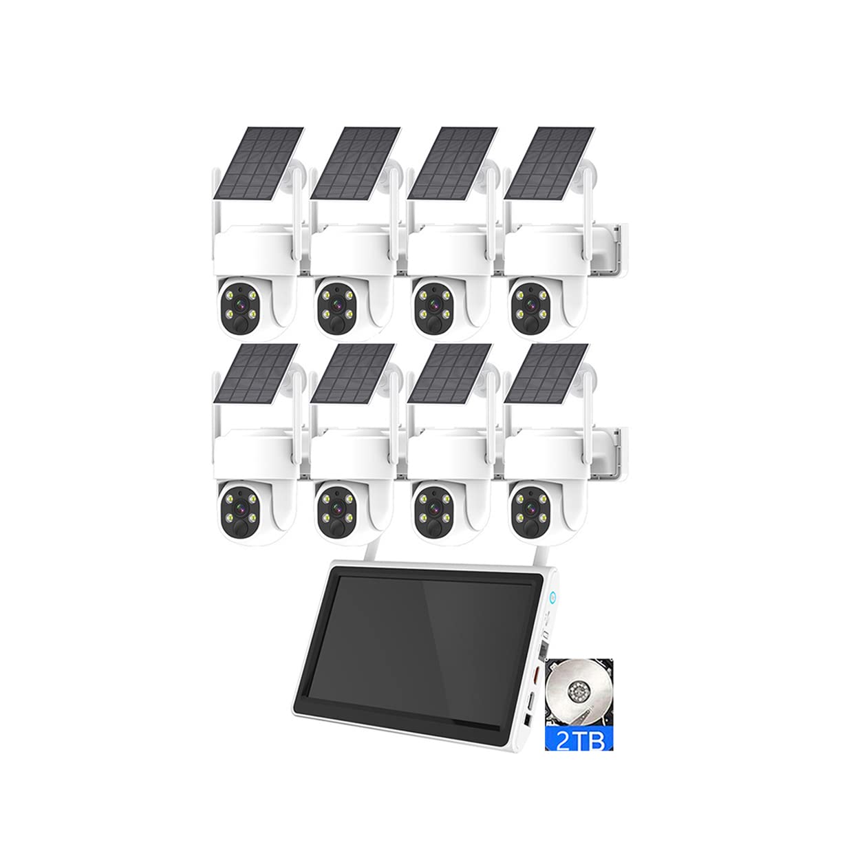 Kit di telecamere di sicurezza a energia solare WiFi wireless a 8 canali con monitor NVR, sistema di telecamere di sorveglianza solare da 4 MP con rilevamento di movimento, con disco rigido 2T