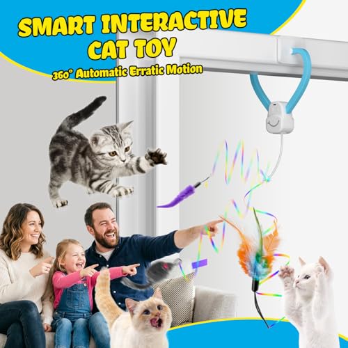 Image of Smart Automatic Door Hanging Cat Toy for Indoor Cats - Electric Interactive Feather Wand, Mouse & Worm Set, 360 Rotating, Type-C Rechargeable, Quiet Self Play Enrichment for Bored Kittens