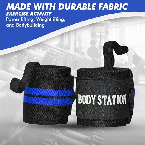 Image of Bodystation Pro Weightlifting Wrist Wraps with Thumb Loop | Adjustable Gym Wrist Support for Men & Women - Powerlifting, Crossfit, Strength Training & Pain Relief