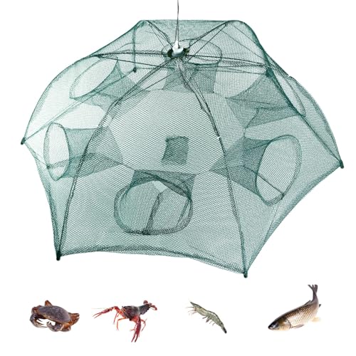 Fishing Trap Net, Folded Fishing Bait Trap, Fishing Net for Minnow Fish Shrimp Crawfish Crab, 6 Sides 6 Holes Crawdad Cast Cage Mesh Trap Automatic Portable