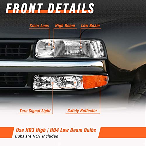 Axlaha Headlights Assembly For 1999 2000 2001 2002 Chevy Silverado 1500 2500/2001 2002 Chevrolet Silverado 1500Hd 2500Hd 3500/2000-2006 Tahoe Suburban 1500 2500 Chrome Housing With Bumper Light Lh+Rh #TOP1