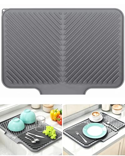 Silicone Dish Drying Mat - Non-Slip Draining Mat for Kitchen Counter Sloped Draining Board Mat with Drainage Channel Heat Resistant & Easy Clean - 37.5 x 27 cm Grey