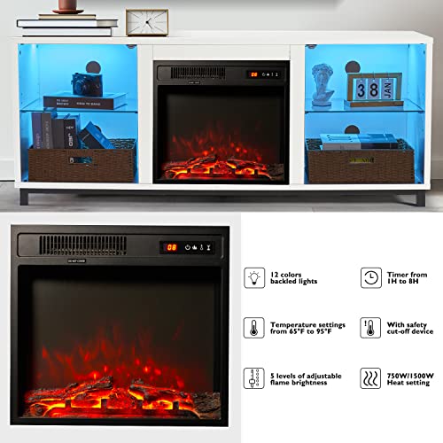 Breezestival Fireplace Tv Stand With 18" Electric Fireplace, Led Light Entertainment Center With Glass Door Cabinet For Tvs Up To 65" #TOP5
