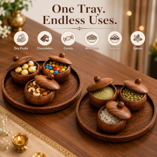 Image of Wooden Dry Fruit Serving Tray with 3 Lidded Bowls | Premium Sheesham Wood Snack Serving Set | Dry Fruit Container Set with Tray | Mukhwas Box | Chocolate & Candy Serving Tray | Handmade Gift