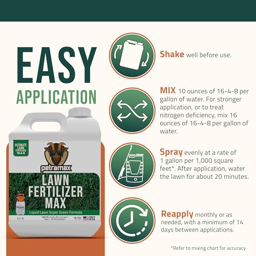 PetraMax Liquid Lawn Fertilizer for Lawns Concentrate - Liquid Fertilizer for Lawns, Food for Grass - 16-4-8 High Nitrogen Lush Green Grass, Phosphorus for Strong Roots - Apply Spring & Summer (32 oz)
