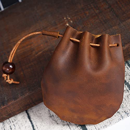 1 Pcs Mini Leather Drawstring Coin Purse Vintage Leather Coin Bag, Coin Organizer, Change Holder,Leather Drawstring Pouch for Men & Women4
