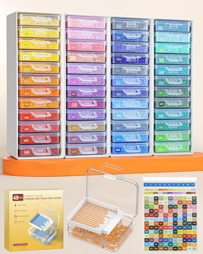 Redtwo 48pcs Diamond Painting Storage Containers Trays with Two Layers 3-in-1 Diamond Painting Trays with Lids Diamond Art Accessories Diamond Art Drills Storage & Line-Up