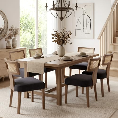 Image of HNY Mid Century Modern Rattan Dining Chairs Set of 6, Farmhouse Linen Upholstered Accent Chair Curved Backrest Kitchen Chairs, with Hardwood Frame, Charcoal