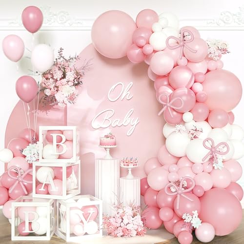 154Pcs Coquette Pink Bow Baby Shower Decorations for Girl - Soft Pink Balloon Arch Garland Kit with 4 Baby Boxes - DIY Long Balloons for Bows Princess Birthday Party Supplies Gender Reveal