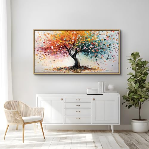 crmotu Tree of Life Large Framed Wall Art, Rainbow Tree Canvas Prints Abstract Painting, Colorful Modern Aesthetic Wall Pictures for Living Room Bedroom Bathroom Home Office Decorations 30"X60"