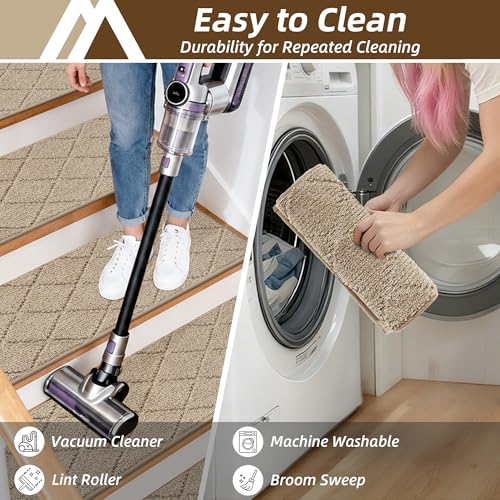 Image of COSY HOMEER Stair Treads for Wooden Steps 11 inchx30 inch Washable Indoor Carpet Stair Treads Non Slip Soft Polyester Stair Carpet Tread Reusable Stair Runner Rugs for Kids, Elders,Pets,Beige,15pcs