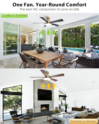 Image of 52 Inch Low Profile Gold Ceiling Fan with Lights, Smart Remote & APP