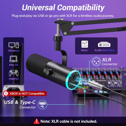 Image of TONOR Dynamic Gaming Microphone, XLR /USB Microphone for Content Creators with AI Noise Cancellation, RGB, Tap Mute, Gain Control, Microfono with Boom Arm for Streaming, Black, TD510 AIR S H+