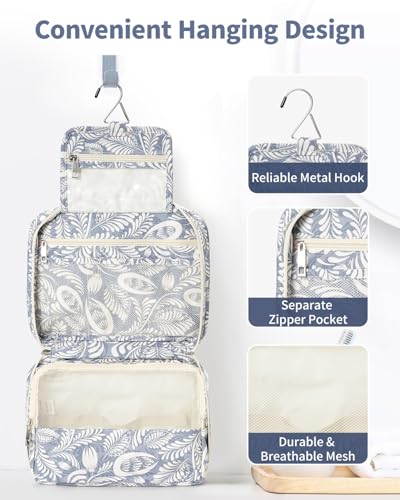 Image of Hanging Travel Toiletry Bag Cosmetic Make up Organizer for Women and Girls Waterproof (Blue Leaf)
