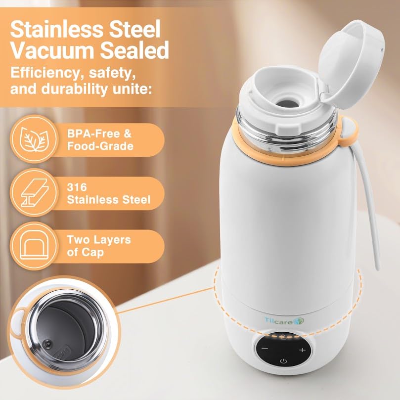 Draagbare flesverwarmer voor uitstapjes of op reis, snel opwarmen met digitale temperatuurregeling, draadloze waterverwarmer, 500 ml inhoud, 10400mAh accu (Bruin