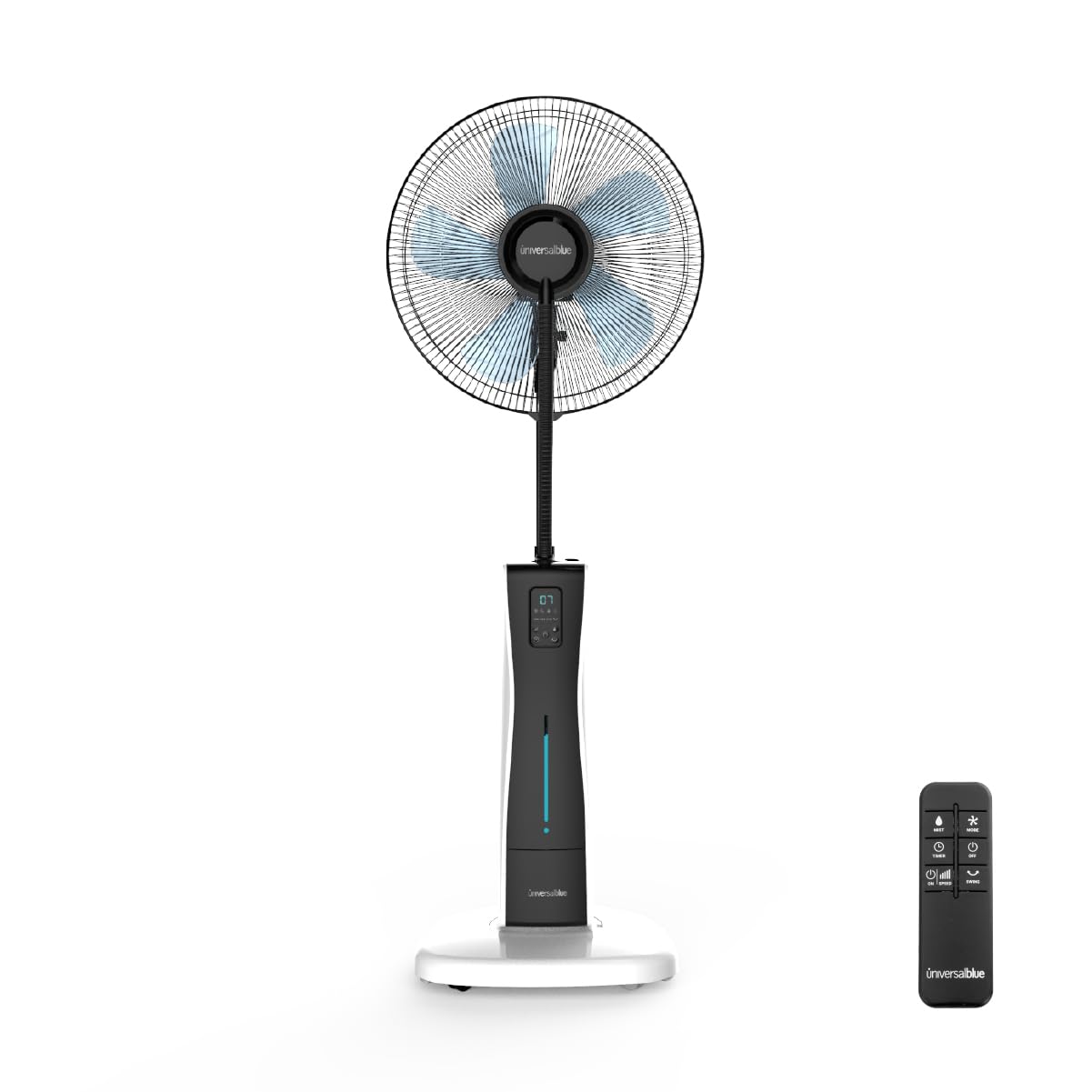 UNIVERSALBLUE Ventilador Humidificador Potente | Ventilador Nebulizador de Agua | Con Ruedas | Mando a Distancia | 3 Velocidades | Silencioso | Temporizador 12h | 5 Aspas | Blanco y Negro