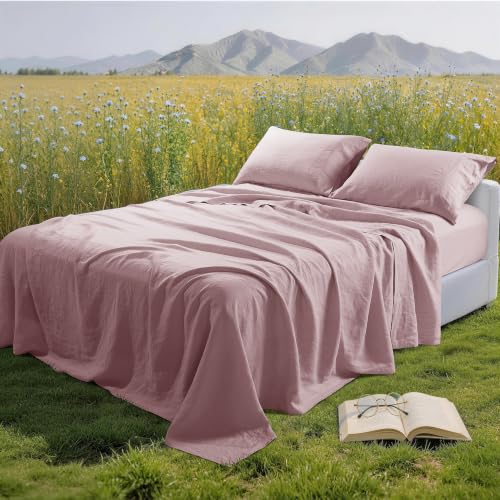Image of 100% Pure Linen Sheet Set for Hot Sleepers, Breathable Natural Linen Sheets 4pcs, Bedding Set Deep Pocket Up to 16 inch Moisture-Wicking, Softens with Every Wash (Embroidery Purple Queen)