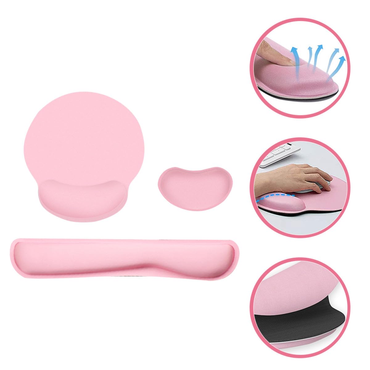 Mauspad 3-in-1 Satz mit Memory Schaum und Gummi, Rosa | Ergonomische Bogenform, Rutschfeste Unterseite, Präzise Positionierung für Laptop, Lernen und Lange Nutzung