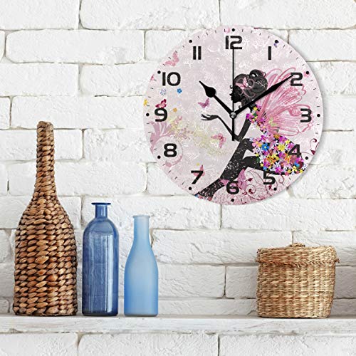 Jumbear Butterfly Wall Clock Silent Non Ticking Round Easy To Read Home Office School Clock, Flower Fairy Angel Pink #TOP2