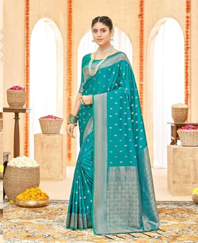 VISAAH Women's Banarsi Silk Sky Blue Satin Saree with Silver Zari With Blouse Piece - Free Size - Image 3