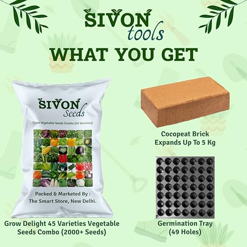 Image of SIVON Vegetable Seeds Combo For Your Home Garden 45 Varieties (2000 Seeds) | Coco Peat Brick (Expands Upto 5 Kg) And Germination Tray (49 Holes)