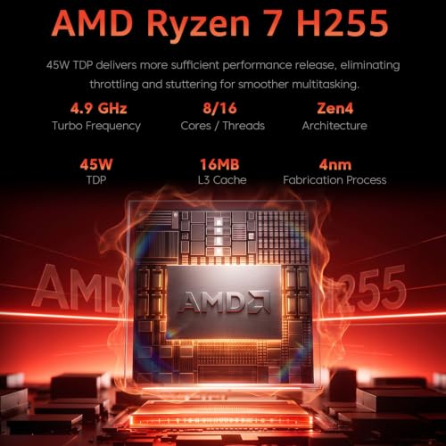 Image of Gaming Laptop with AMD Ryzen 7 H255 (up to 4.9GHz),24GB DDR5 512GB NVMe SSD | 16 inch Laptop with AMD Radeon 780M,Backlit KB,Windows 11,1920x1200 FHD,WiFi 6,Full Function Type-C,Beat R9 6900HX