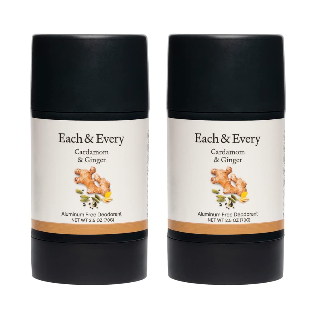 Each & Every All Natural Deodorant for Women & Men - Sensitive Skin, Vegan, Baking Soda & Aluminum-Free Deodorant - Clean Long Lasting Odor Control - Cardamom & Ginger Natural Fragrance (2.5oz, 2pk)